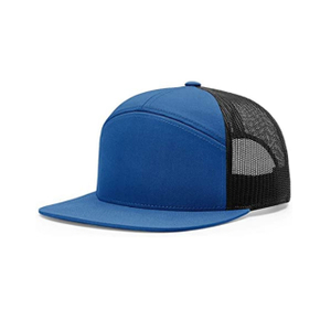 Casquette de camionneur à sept panneaux en coton et polyester de haute qualité, couleur bleue, visière plate, casquette en maille