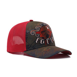 Casquette de camionneur avec logo d'image imprim&eacute; par sublimation &agrave; 5 panneaux avec couronne en m&eacute;tal 