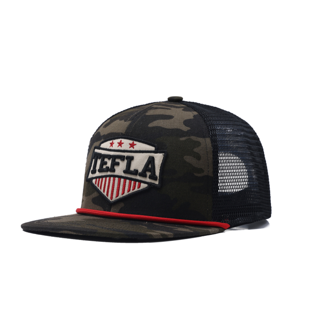 6 panneaux personnalis&eacute;s grand logo de broderie conception de marque chapeau de camionneur camouflage avec bord plat 